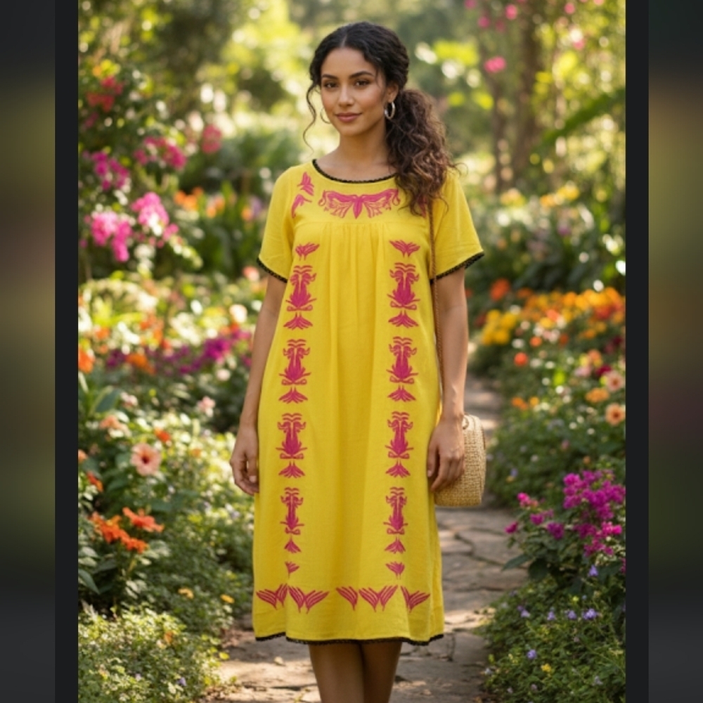 ⭐NWT Stunning Yellow  Ark and Co Beautiful Embroidered Pocket Dress